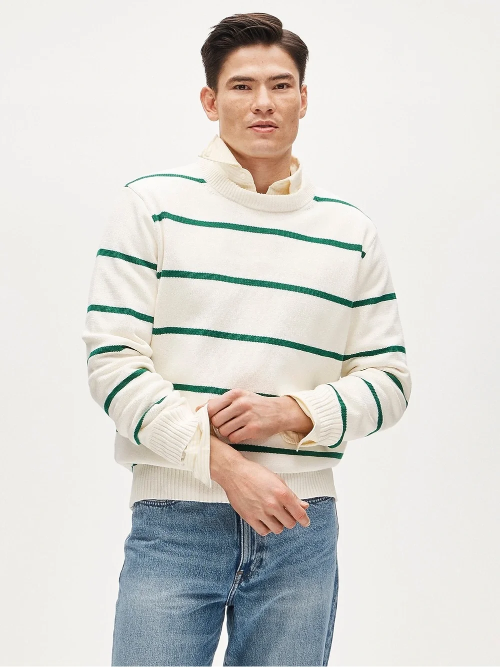 NWT J.Crew Heritage 100% Cotton Crewneck Sweater Ivory Jungle Green Stripe $118